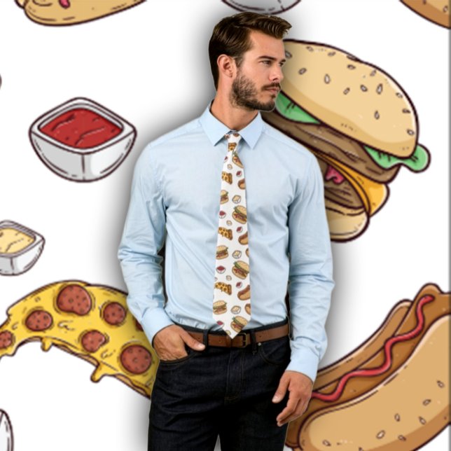 Corbata Gracioso diseño de comida rápida - Hamburguesas Pe (Man wearing a necktie featuring fast food- pizza, hamburger and hotdogs. Backdrop matches tie.)