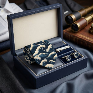 Corbata Gran Ola Hokusai Azul Marino Patrón de Arte Japoné
