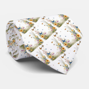 Corbata Grasas Y Mariposas De Flores Silvestres De Acuarel