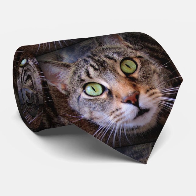 Corbata Green Eyed Tabby Cat Menswear Tie (Enrollado)