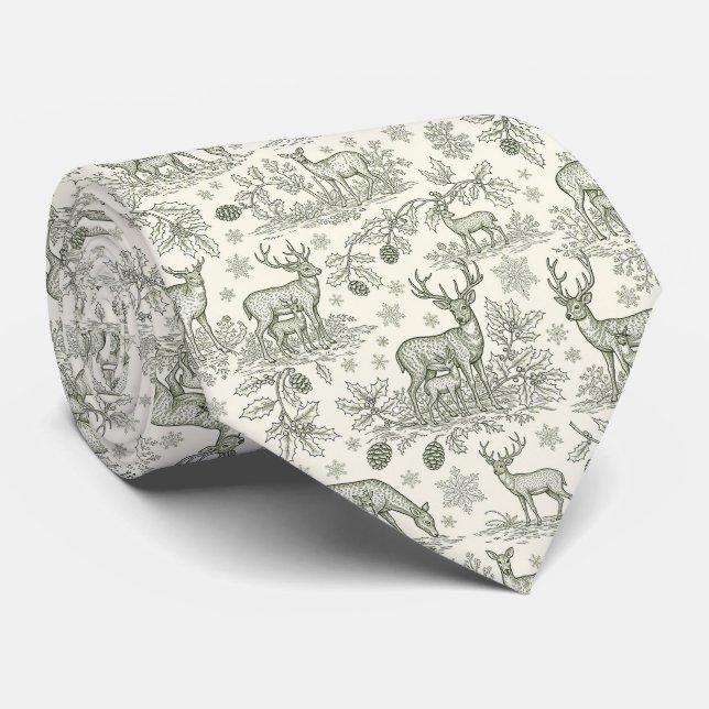 Corbata Green Toile Woodland Deer Christmas Pattern (3) (Enrollado)