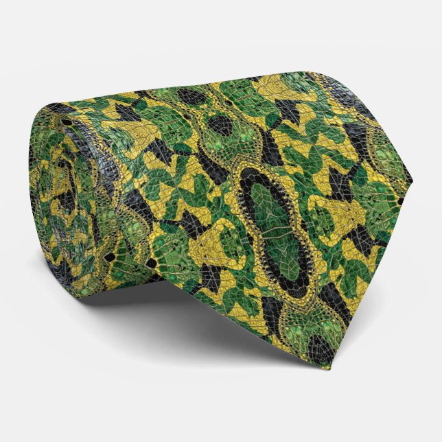 Corbata Green Yellow Alligator Crocodile Dragon Leather (Enrollado)