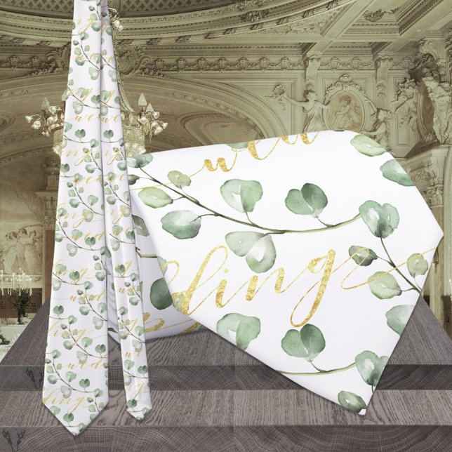 Corbata Greenery Eucalyptus y Fancy Gold Writing Boda (Subido por el creador)
