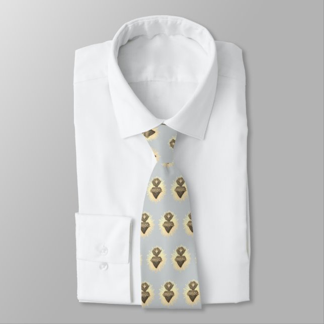 Corbata Gris de corazón sagrado con corazón sagrado (Atado)