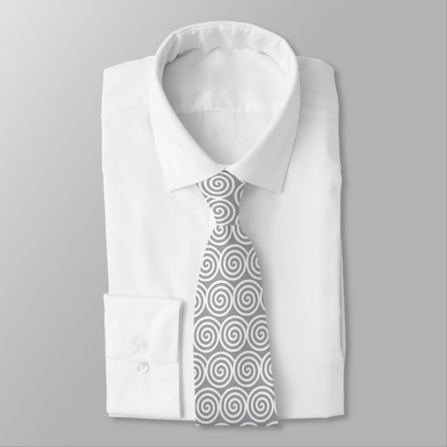 Corbata gris plata con círculos en espiral blancos (Atado)