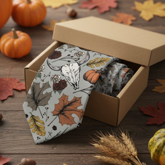 Corbata Gris Western Bull Skull Country (Modern Gray Thanksgiving Foliage Mens Tie. Fall Harvest, Cow Skull, Leaves Pattern in Autumn Colors.)