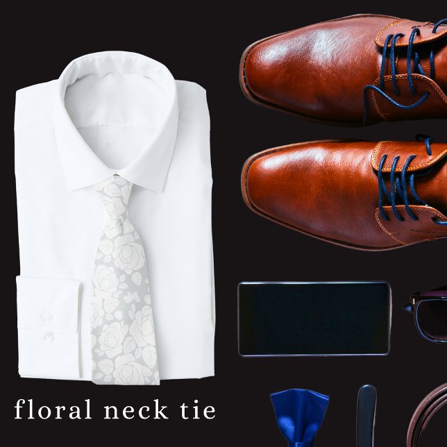 Corbata gris y blanca de rosa floral moderna (Men's floral neck tie)