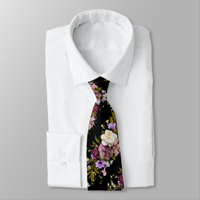 Corbata Grooms Purple Floral Bouquet en negro (Atado)