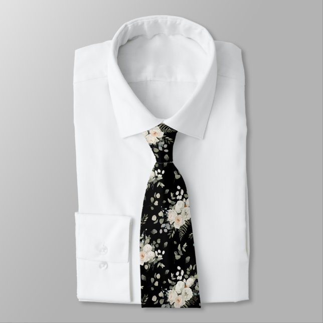 Corbata Grooms White Boda Floral Bouquet en negro (Atado)