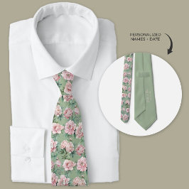 Corbata Groomsmen florales de color verde y rosado