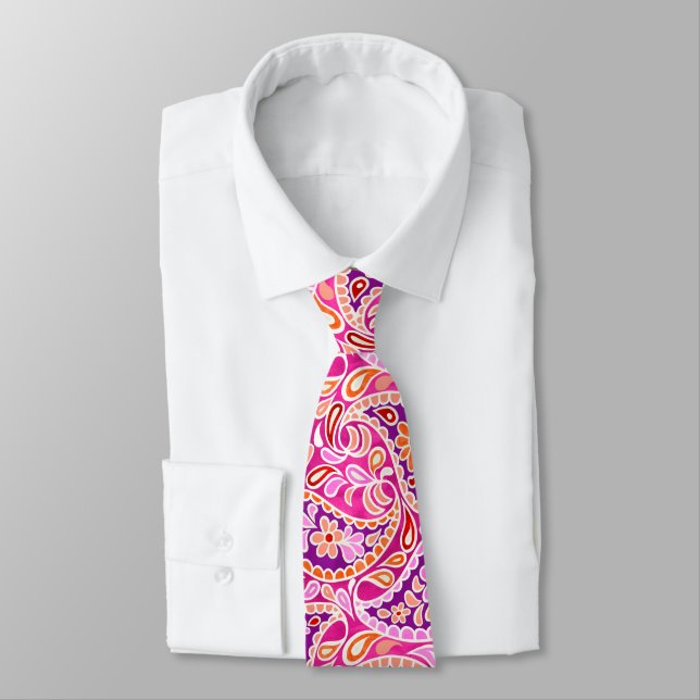 Corbata Groovy Daisy Paisley BoHo Acuarela - Fuchsia (Atado)
