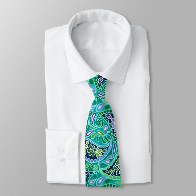 Corbata Groovy Daisy Paisley BoHo Acuarela - Turquesa (Atado)