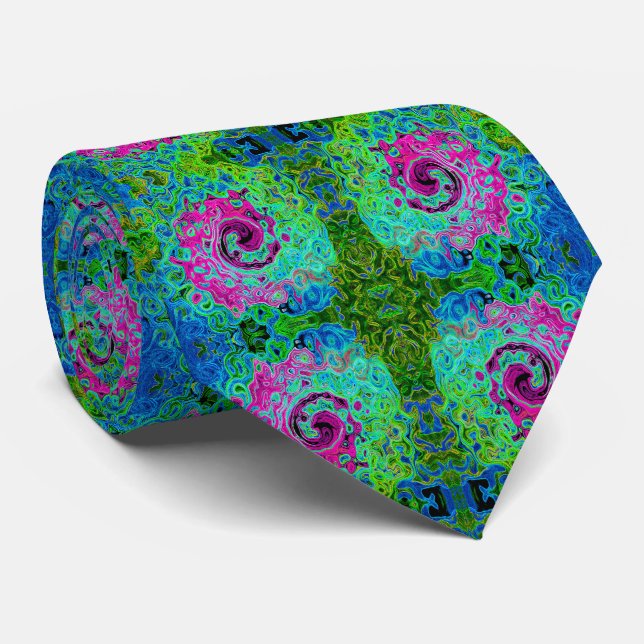 Corbata Groovy rosa caliente y azul Resumen Swirte retro (Enrollado)