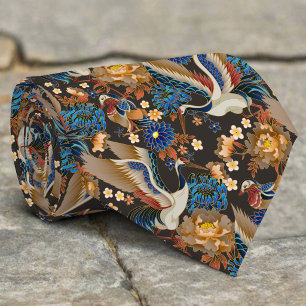 Corbata Grulla Japonesa Elegante Y Crisantemo Azul