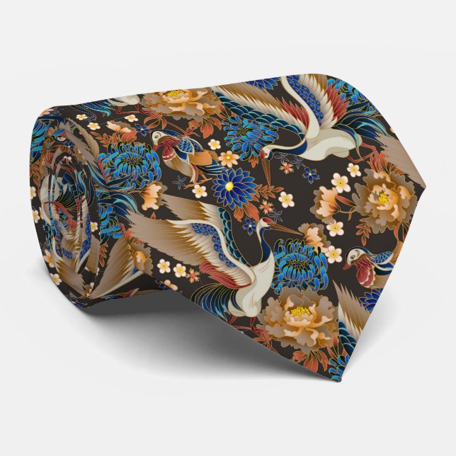 Corbata Grulla Japonesa Elegante Y Crisantemo Azul (Enrollado)