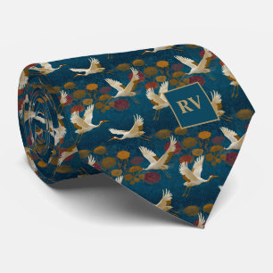 Corbata Grullas en Floral de Otoño sobre Azul Marino