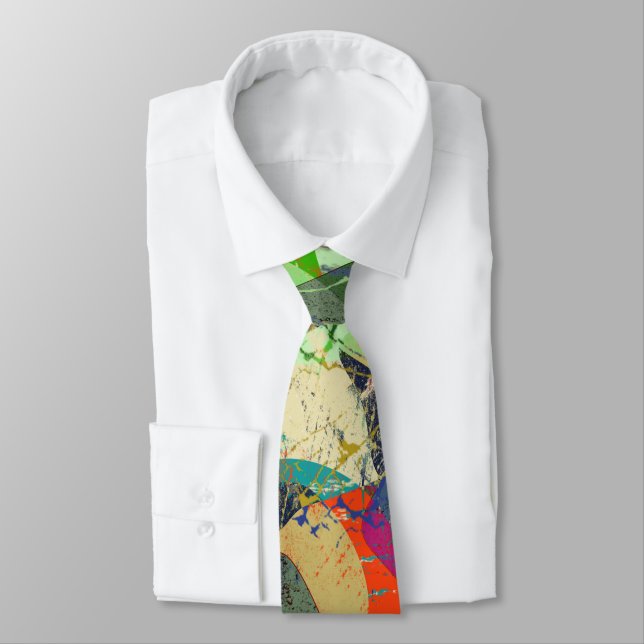 Corbata Grunge abstracto, naranja, azul, gris, negro. (Atado)