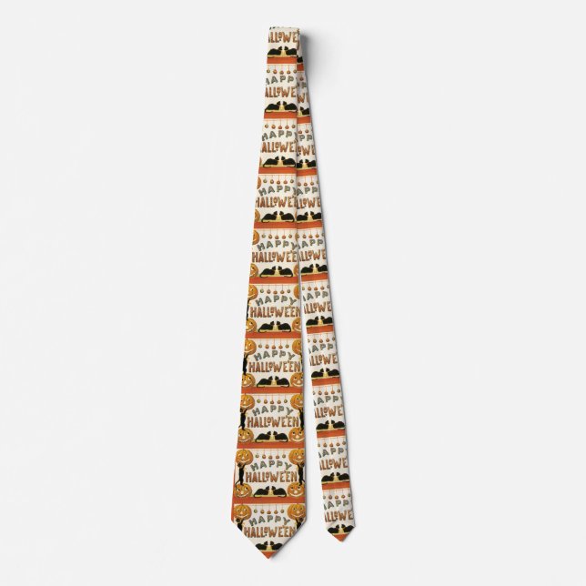 Corbata Halloween antiguo, gatos negros con Jackolanterns (Anverso)
