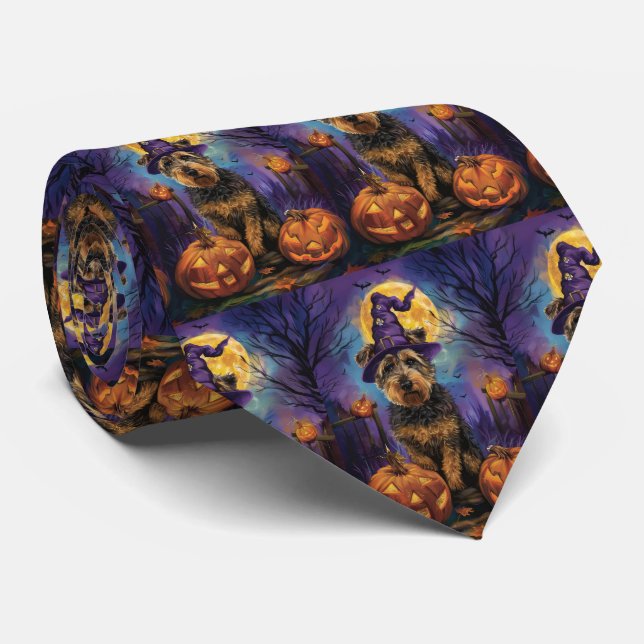 Corbata Halloween, bruja y calabaza de Airedale (Enrollado)
