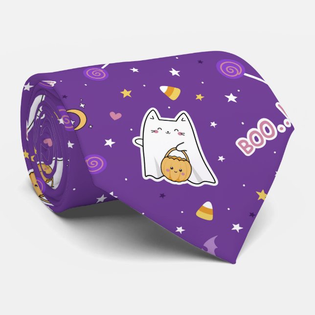 Corbata Halloween Cat Ghost Neck Tie (Enrollado)