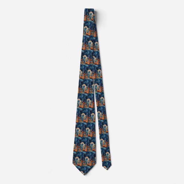 Corbata Halloween Chow Chow Con Calabazas Asustadas (Anverso)