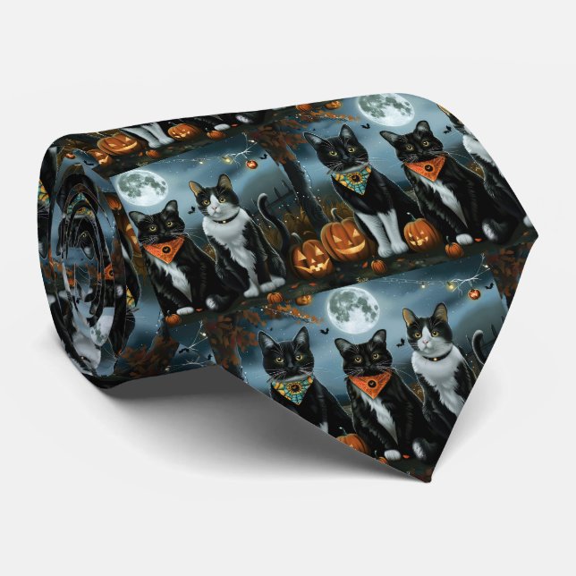 Corbata Halloween con gatos de Tuxedo (Enrollado)