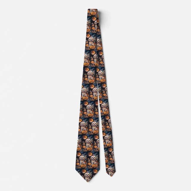 Corbata Halloween Lhasa Apso Con Calabazas Temerosas (Anverso)