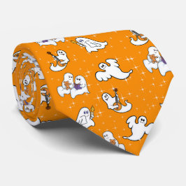 Corbata Halloween lindos fantasmas sobre el fondo naranja