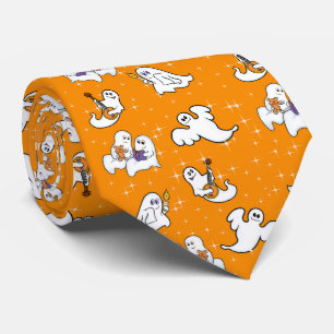 Corbata Halloween lindos fantasmas sobre el fondo naranja