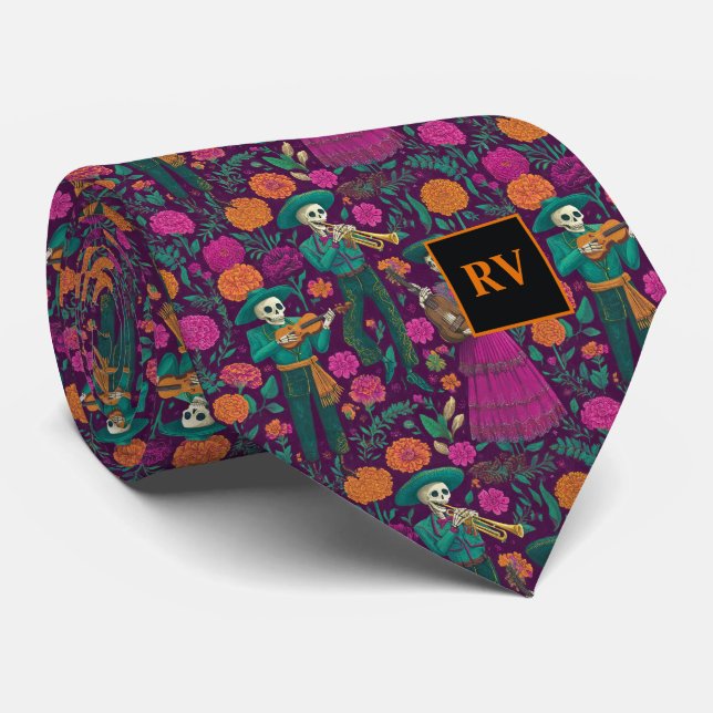 Corbata Halloween Musical Skeletons with Flowers (Enrollado)