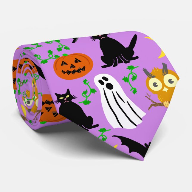 Corbata Halloween Theme Collage Toss Pattern Purple (Enrollado)