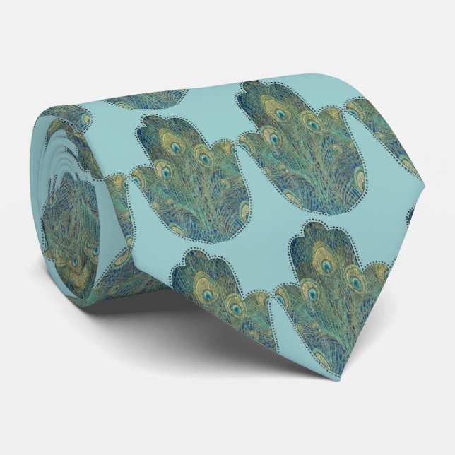 Corbata Hamsa de plumas de pavo real (Enrollado)