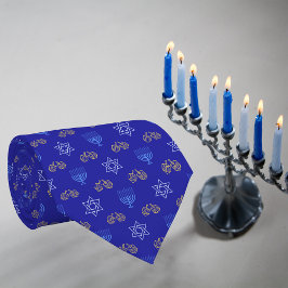 Corbata Hanukkah Gold Dreidel Star de David Menorah Blue