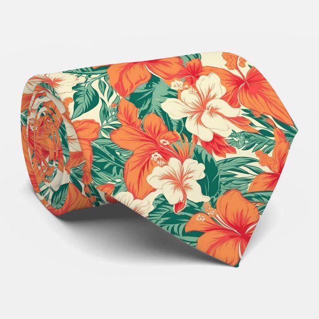 Corbata Hawaiian vibe tropical flowers leaves pattern 2 (Enrollado)