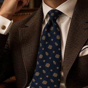 Corbata Herencia floral en celosía de oro y azul marino
