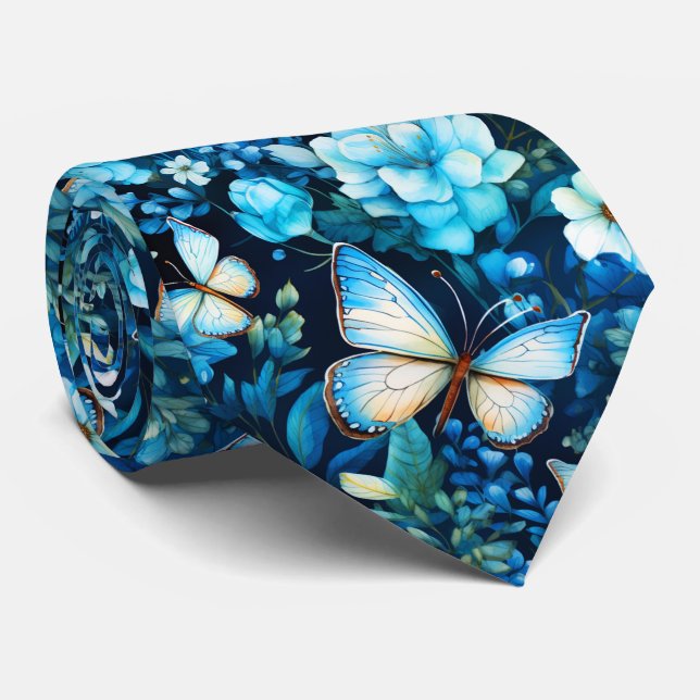 Corbata Hermosas flores azules y mariposas (Enrollado)