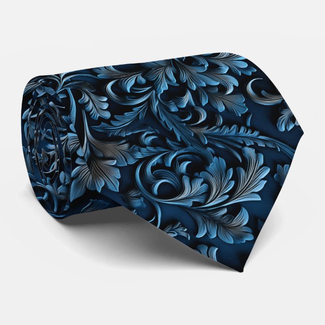 Corbata Hermoso Faux Cuero Labrado Azul  (Enrollado)