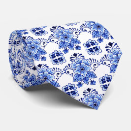 Corbata Hermoso patrón clásico de arte floral azul Delft h