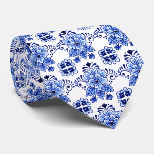 Corbata Hermoso patrón clásico de arte floral azul Delft h