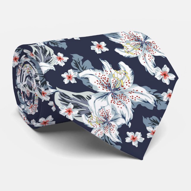Corbata Hermoso patrón de flores azules (Enrollado)