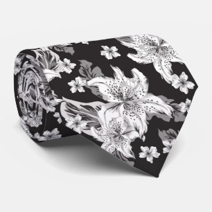 Corbata Hermoso patrón de flores en blanco y negro