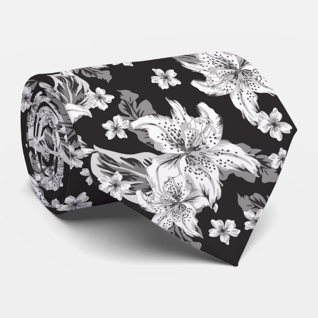 Corbata Hermoso patrón de flores en blanco y negro (Enrollado)