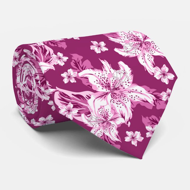 Corbata Hermoso patrón de flores magenta (Enrollado)