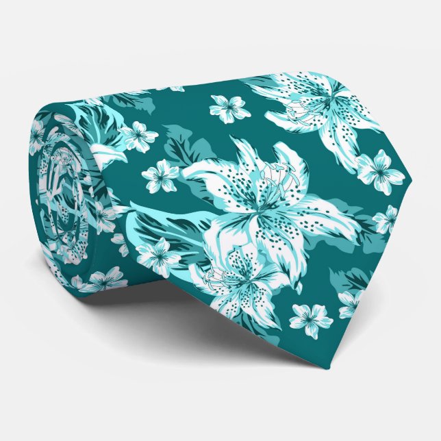 Corbata Hermoso patrón de flores turquesa (Enrollado)