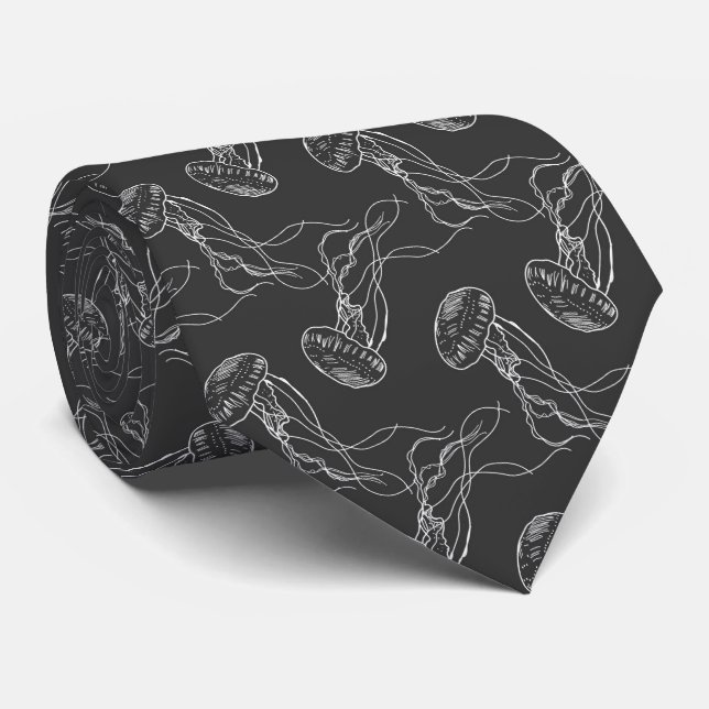 Corbata hermoso patrón de medusas fondo negro (Enrollado)