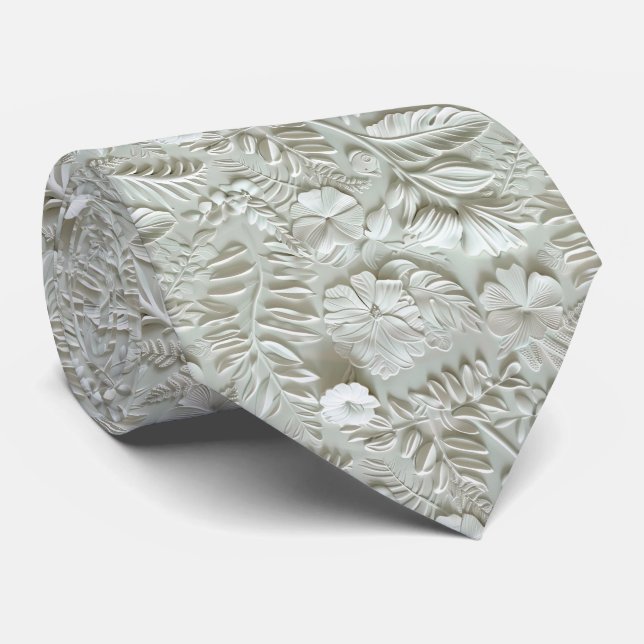 Corbata Hermoso patrón floral blanco de cuero falso (Enrollado)
