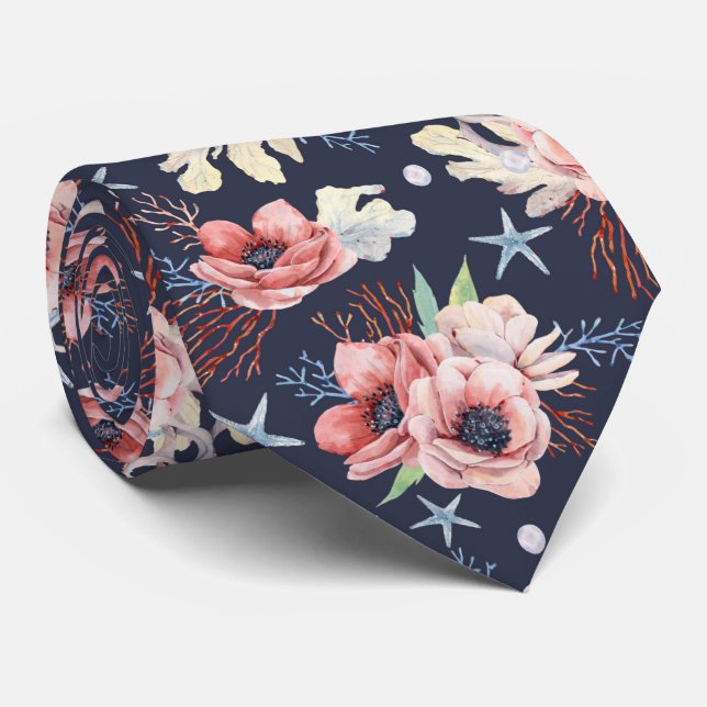 Corbata Hermosos símbolos oceánicos sobre azul profundo (Enrollado)