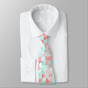 Corbata Hibisco de damero Floral hawaiano - Menta