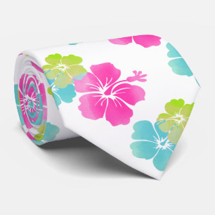 Corbata Hibisco Floral Hawaiano Rosa/Verde/Azul Acuático