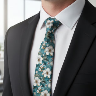 Corbata Hibisco Tropical Floral Teal